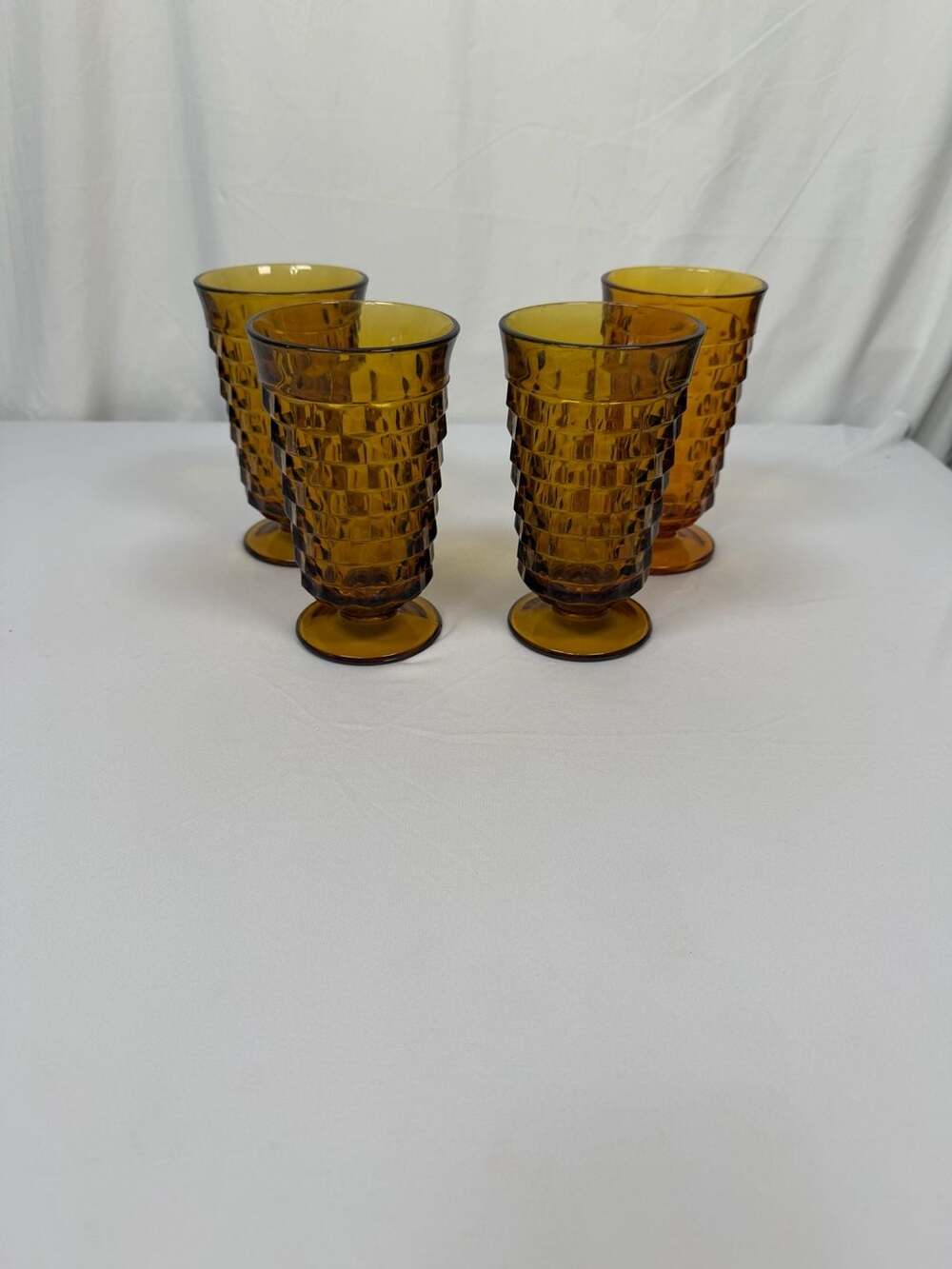 Vintage Set of 4 Indiana Glass Amber Whitehall Cubist Footed Tumblers